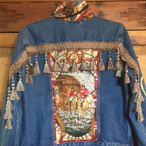 Guy Laroche scarf tie Hand Crafted Wearable Art Fox Hunt Denim Jacket Brooches - Picture 3 of 12